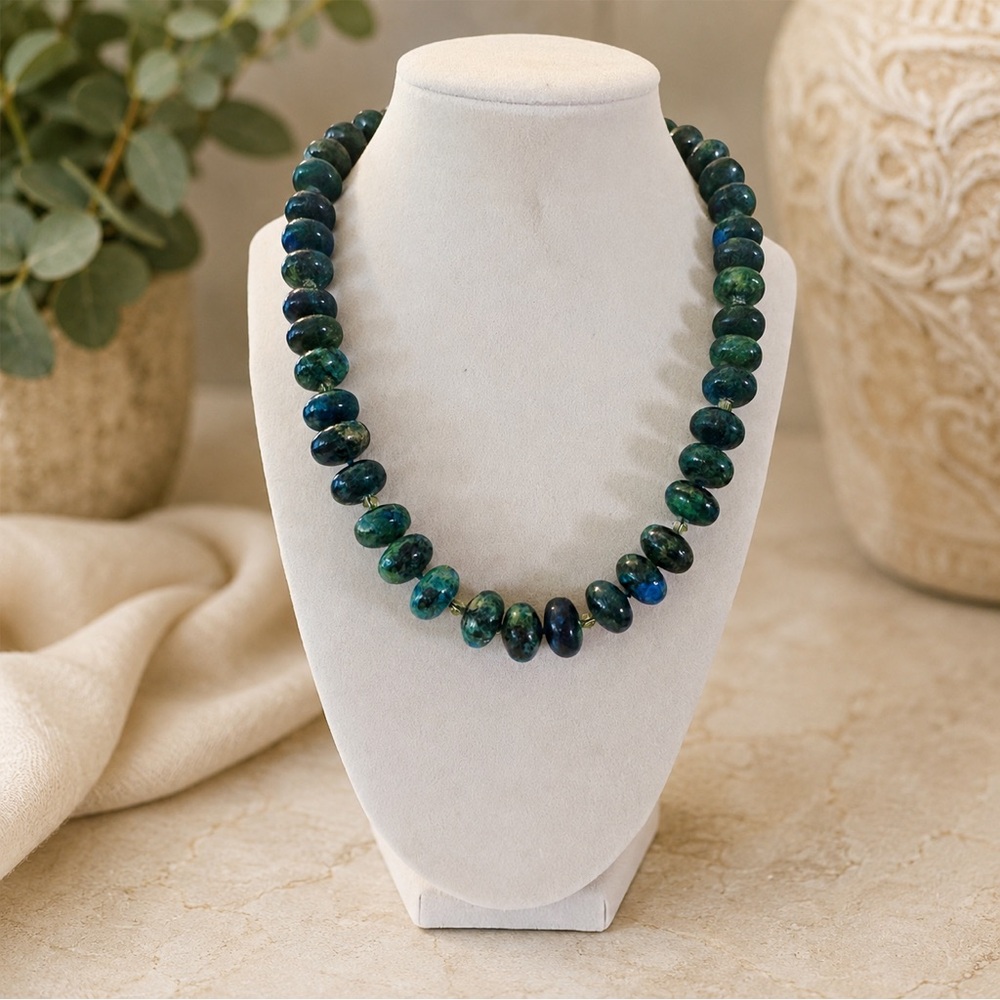 Vintage Blue Green Beaded Necklace 19” | Marbled Stone Look Statement Necklace